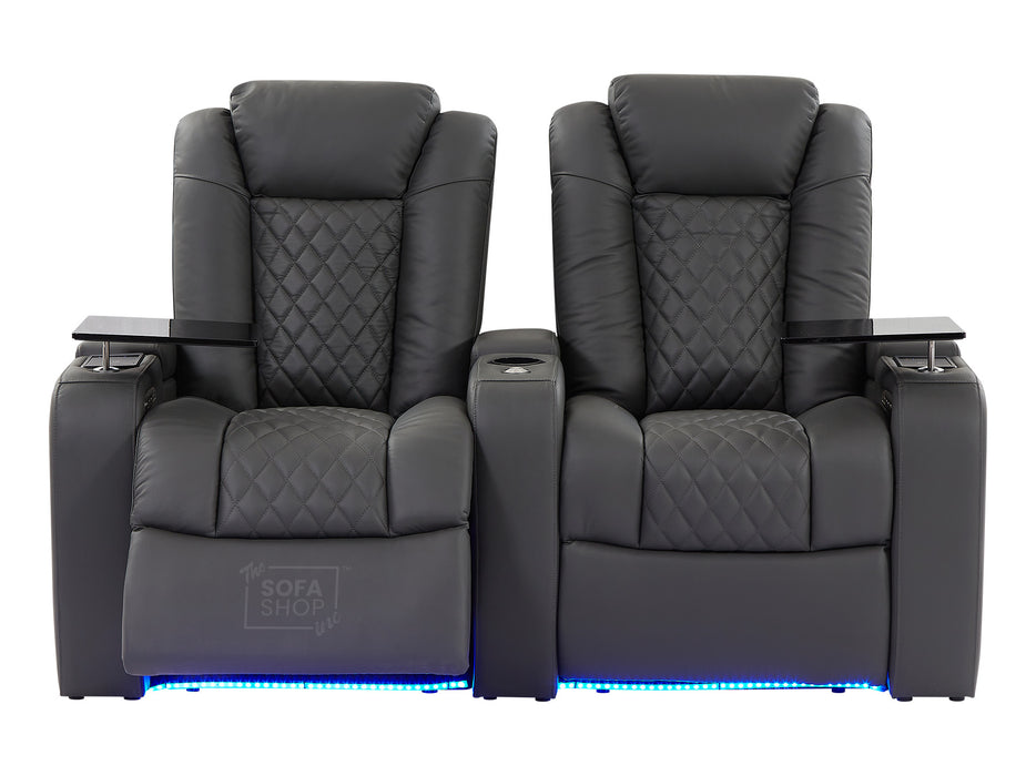 2 Seat Electric Recliner Home Cinema Theatre Sofa | Real Leather Couch in Grey + Chilled Cupholders + Console + Power + Usb + Table |  Milano | The Sofa Shop