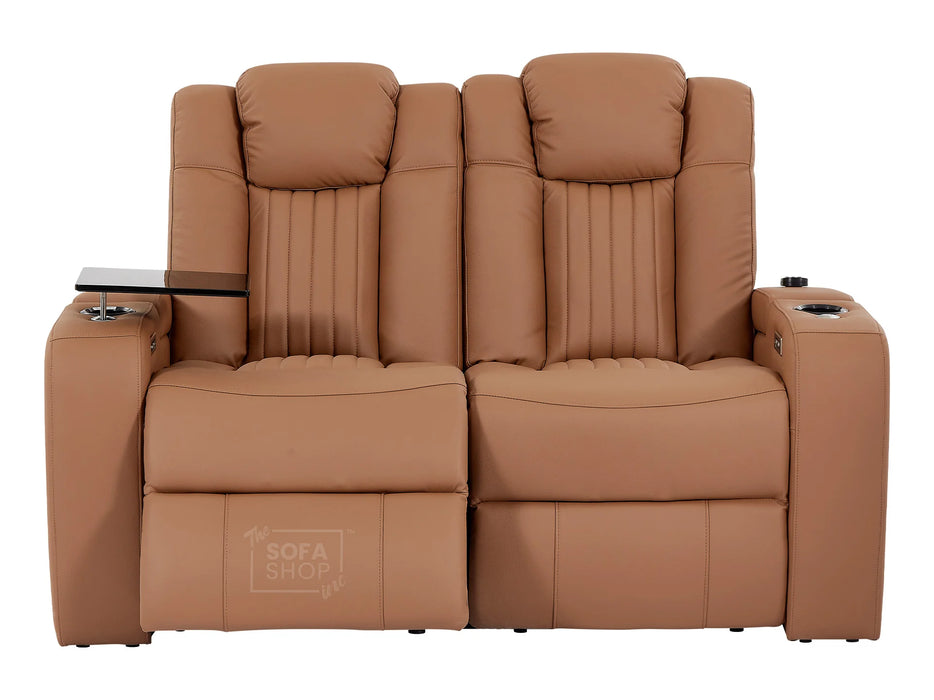 2 Seater Power Recliner Sofa with USB Charging, Cup Holders, Storage, LED Lights & Massage | Tan Leather Aire | Capri | The Sofa Shop