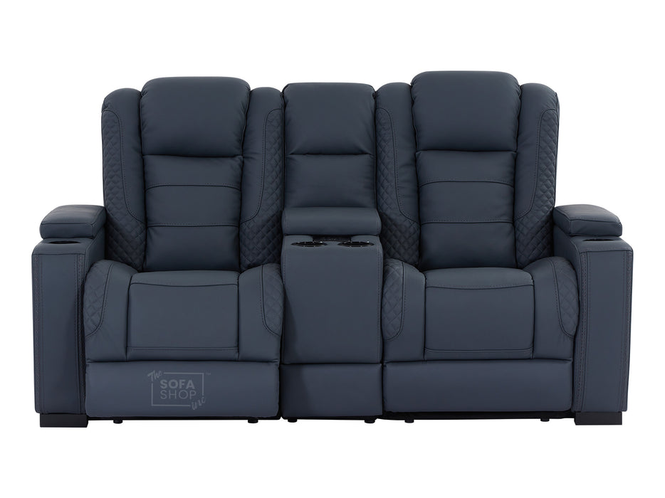 3+2 Seater Real Leather Sofa Package with Drop-Down Table, Cup Holders, LED Reading Light, Power Recliner, USB Ports, Bluetooth Speaker, Socket Set & Storage | Blue Leather | Napoli | The Sofa Shop