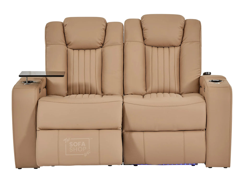 3+2 Leather Recliner Sofa with USB Charging, Cup Holders, Storage, LED Lights & Massage | Beige Leather | Capri | The Sofa Shop