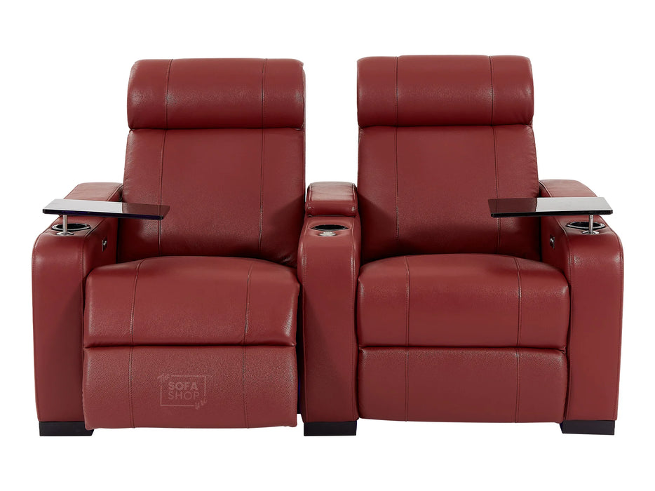 2 Seat Electric Recliner Home Cinema Theatre Sofa | Real Leather Couch in Red + Chilled Cupholders + Console + Power + USB + LED Lights | Rimini | The Sofa Shop