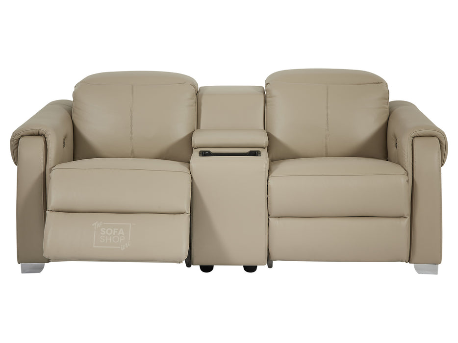 2 Seat Electric Recliner Home Cinema Theatre Sofa | Real Leather Couch in Beige + Black Cupholders + Console with Storage + USB | Turin | The Sofa Shop