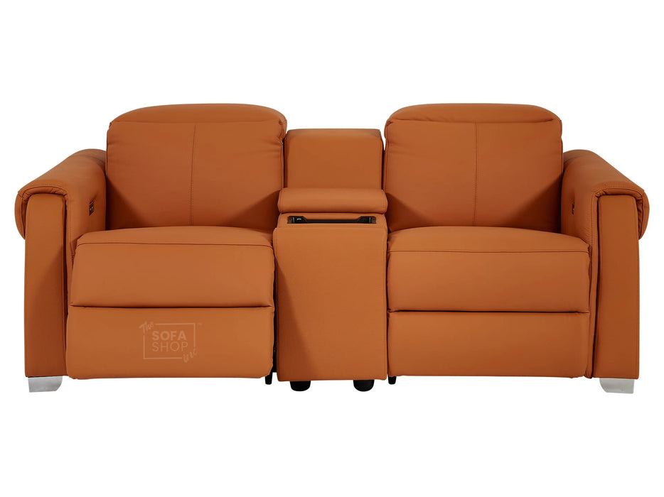 2 Seater Leather Recliner Sofa with USB Ports, Power Headrest, Console, Black Cup Holder & Wireless Charger | Orange Real Leather | Turin | Sofa Shop