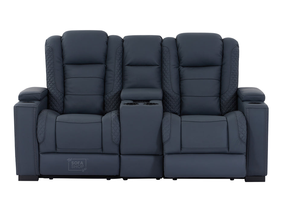 2 Seater Real Leather Sofa with Drop-Down Table, Cup Holders, LED Reading Light, Power Recliner, USB Ports, Bluetooth Speaker, Socket Set & Storage Box | Blue Leather | Napoli | The Sofa Shop