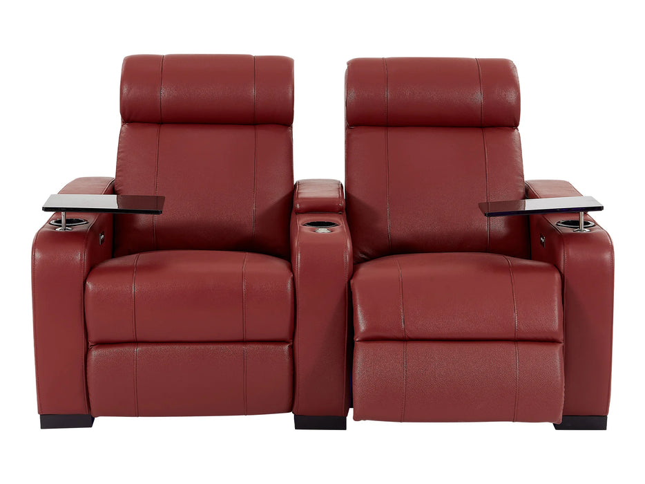 2 Seat Electric Recliner Home Cinema Theatre Sofa | Real Leather Couch in Red + Chilled Cupholders + Console + Power + USB + LED Lights | Rimini | The Sofa Shop