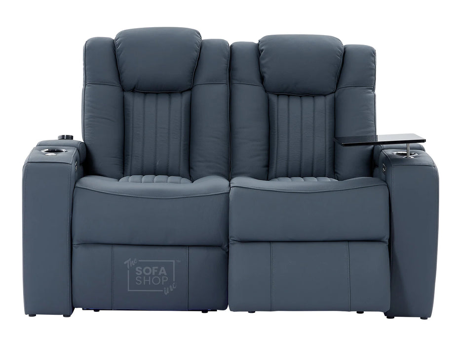 Electric Recliner Cinema Sofa Set 3 2 1 in Blue Real Leather with Cup Holders, Storage Boxes, and USB Ports - Capri