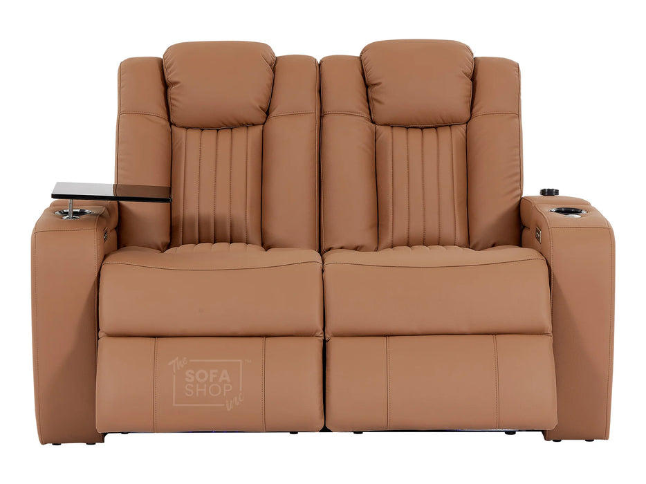 2 Seater Power Recliner Sofa with USB Charging, Cup Holders, Storage, LED Lights & Massage | Tan Leather Aire | Capri | The Sofa Shop