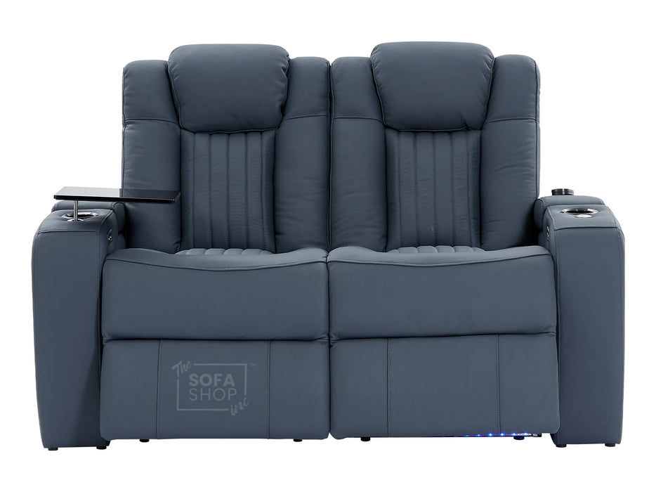 Electric Recliner Cinema Sofa Set 3 2 1 in Blue Real Leather with Cup Holders, Storage Boxes, and USB Ports - Capri