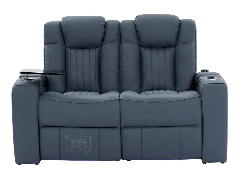 3 2 Electric Recliner Sofa Set with USB Ports, Drink Holders & Storage Boxes - Blue Real Leather 2 Piece Cinema Sofa - Capri