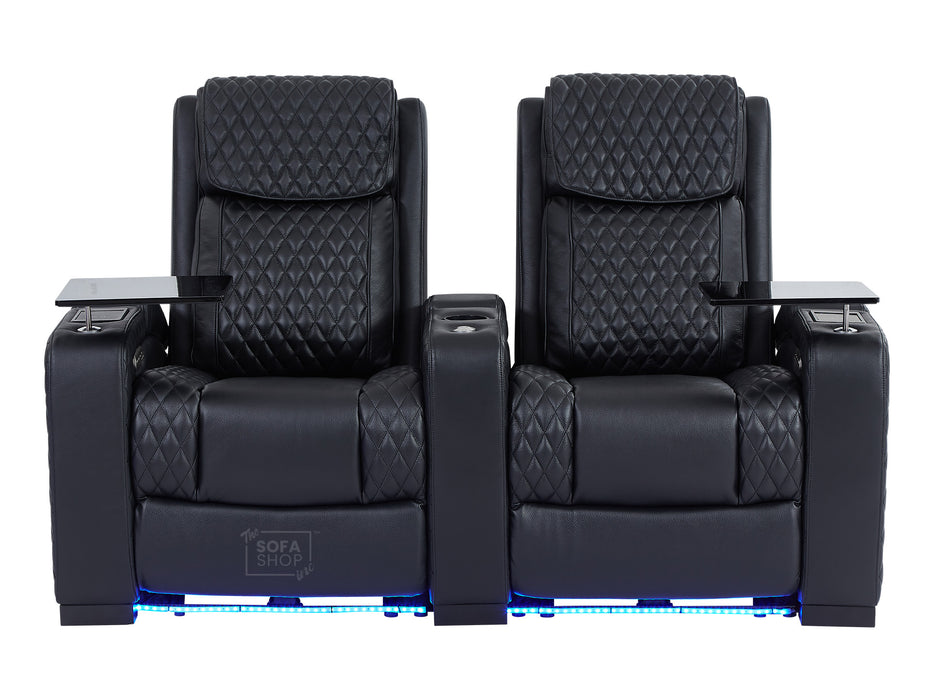 2 Seat Electric Recliner Home Cinema Theatre Sofa | Real Leather Couch In Black + Power Headrests + USB + LED Lights + Table | Torino | The Sofa Shop