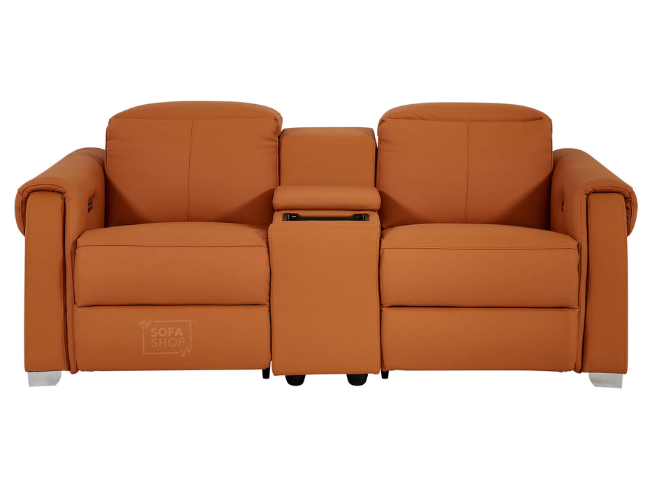 2 Seater Leather Recliner Sofa with USB Ports, Power Headrest, Console, Black Cup Holder & Wireless Charger | Orange Real Leather | Turin | Sofa Shop