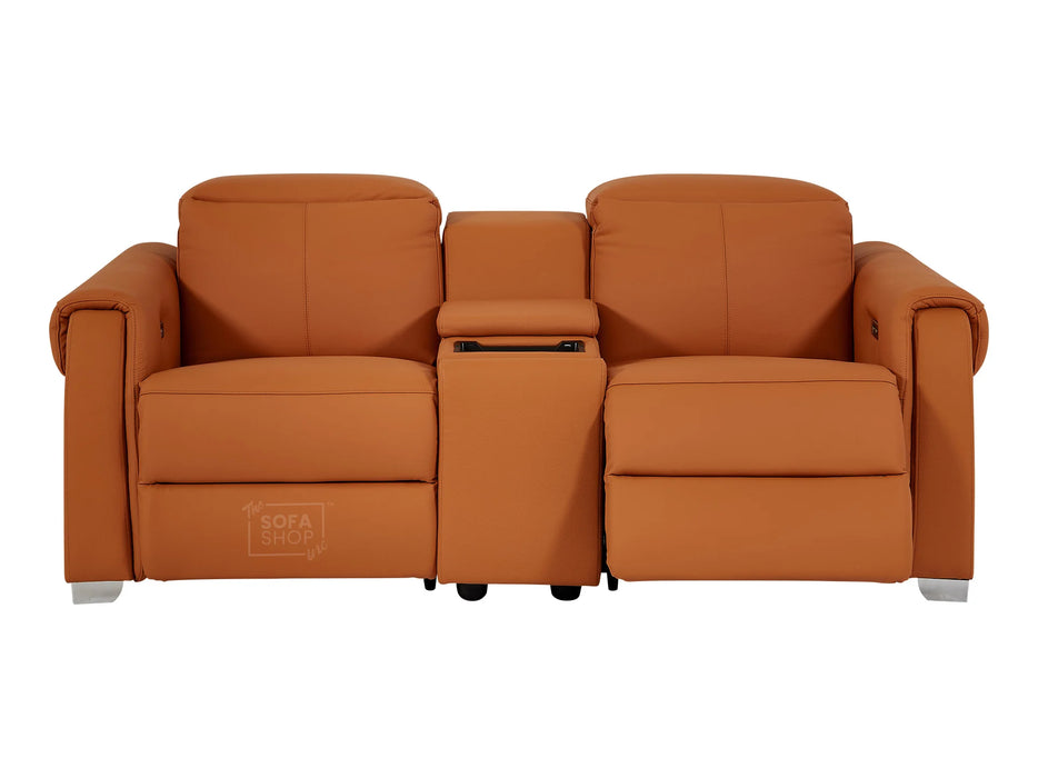 2 Seater Leather Recliner Sofa with USB Ports, Power Headrest, Console, Black Cup Holder & Wireless Charger | Orange Real Leather | Turin | Sofa Shop