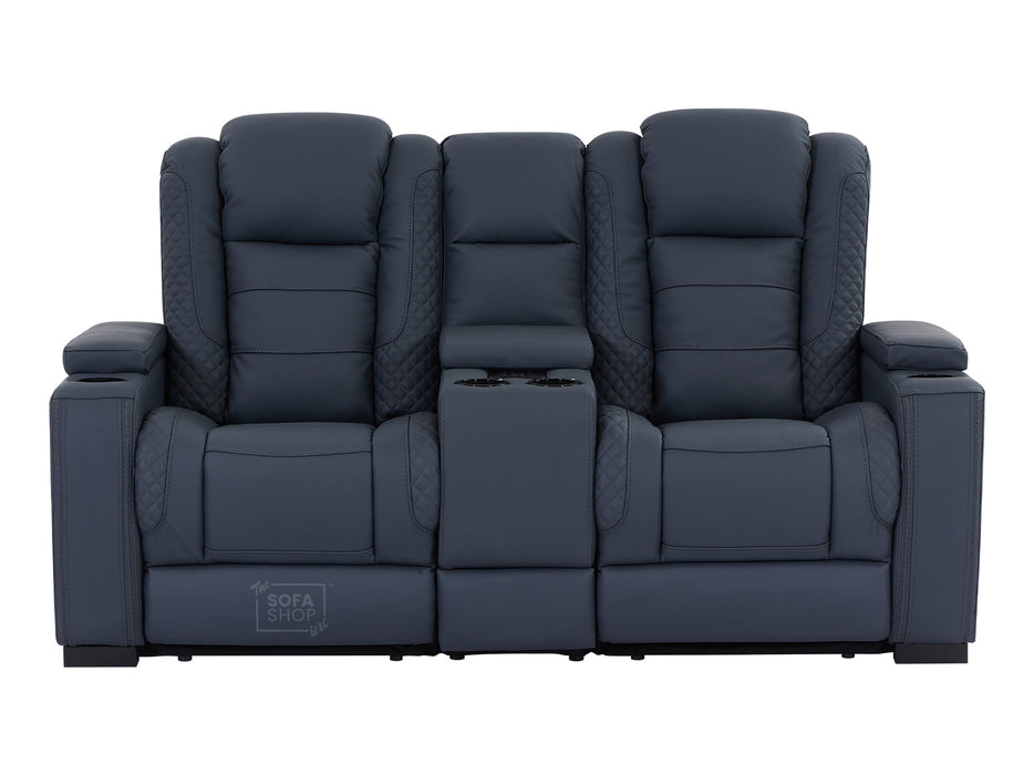 2 Seater Real Leather Sofa with Drop-Down Table, Cup Holders, LED Reading Light, Power Recliner, USB Ports, Bluetooth Speaker, Socket Set & Storage Box | Blue Leather | Napoli | The Sofa Shop