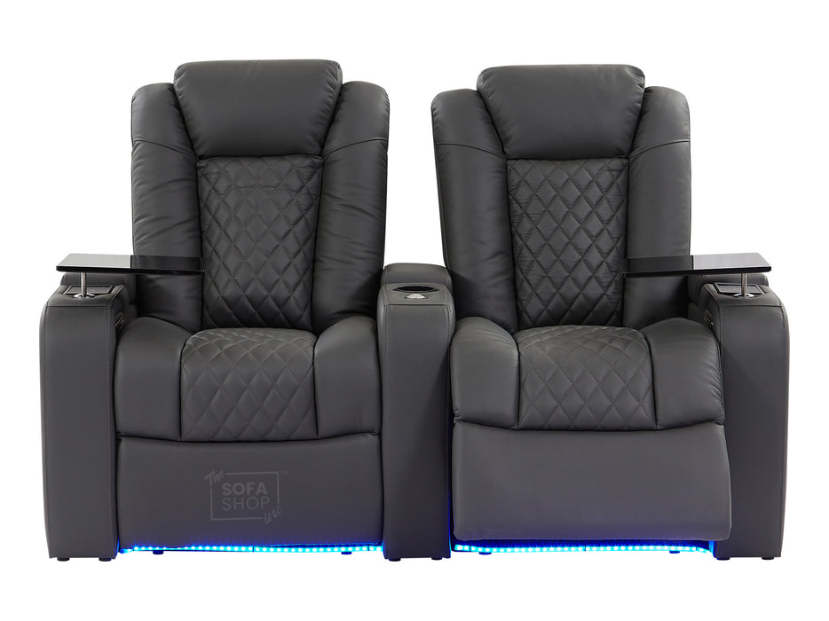 2 Seat Electric Recliner Home Cinema Theatre Sofa | Real Leather Couch in Grey + Chilled Cupholders + Console + Power + Usb + Table |  Milano | The Sofa Shop