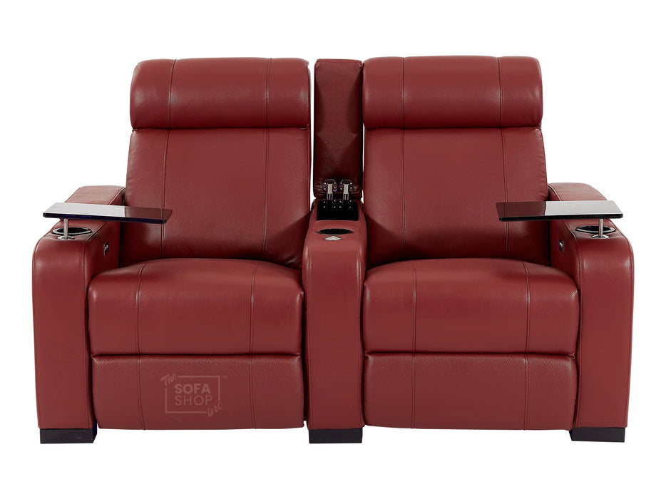 2 Seat Electric Recliner Home Cinema Theatre Sofa | Real Leather Couch in Red + Chilled Cupholders + Console + Power + USB + LED Lights | Rimini | The Sofa Shop