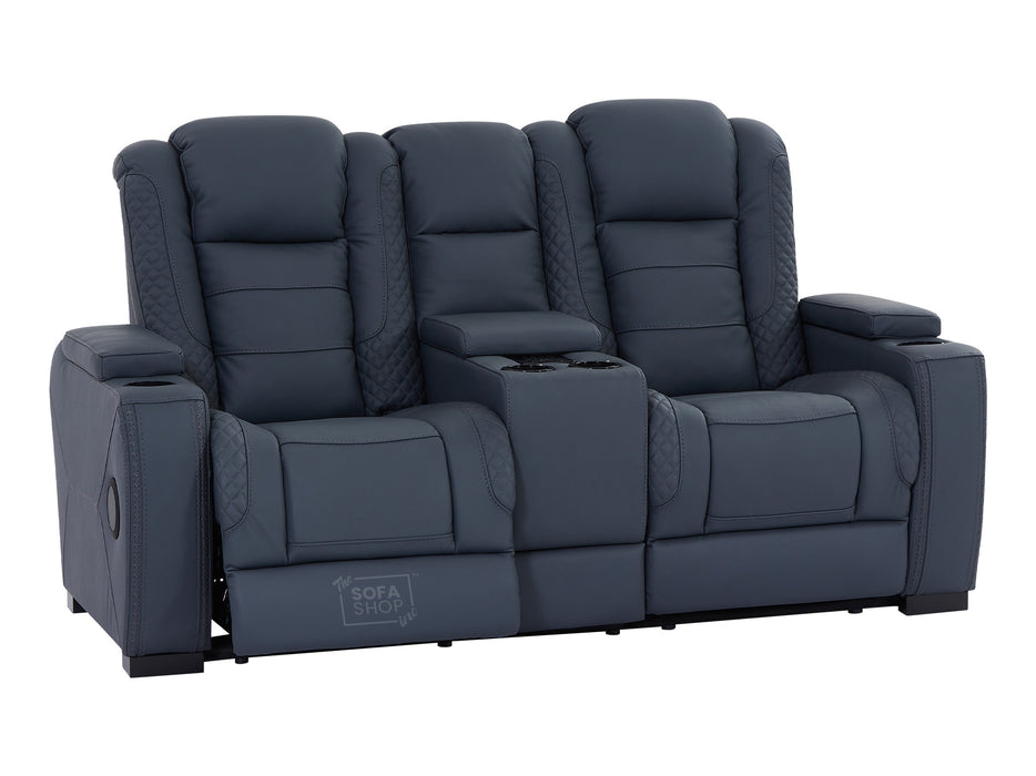 3+2 Seater Real Leather Sofa Package with Drop-Down Table, Cup Holders, LED Reading Light, Power Recliner, USB Ports, Bluetooth Speaker, Socket Set & Storage | Blue Leather | Napoli | The Sofa Shop