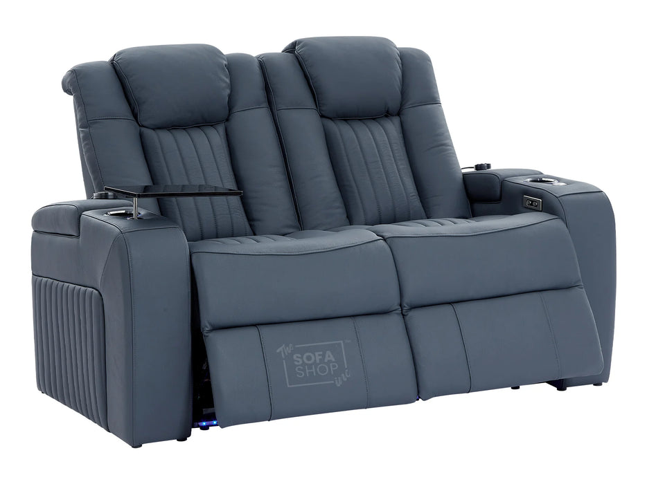 3 2 Electric Recliner Sofa Set with USB Ports, Drink Holders & Storage Boxes - Blue Real Leather 2 Piece Cinema Sofa - Capri