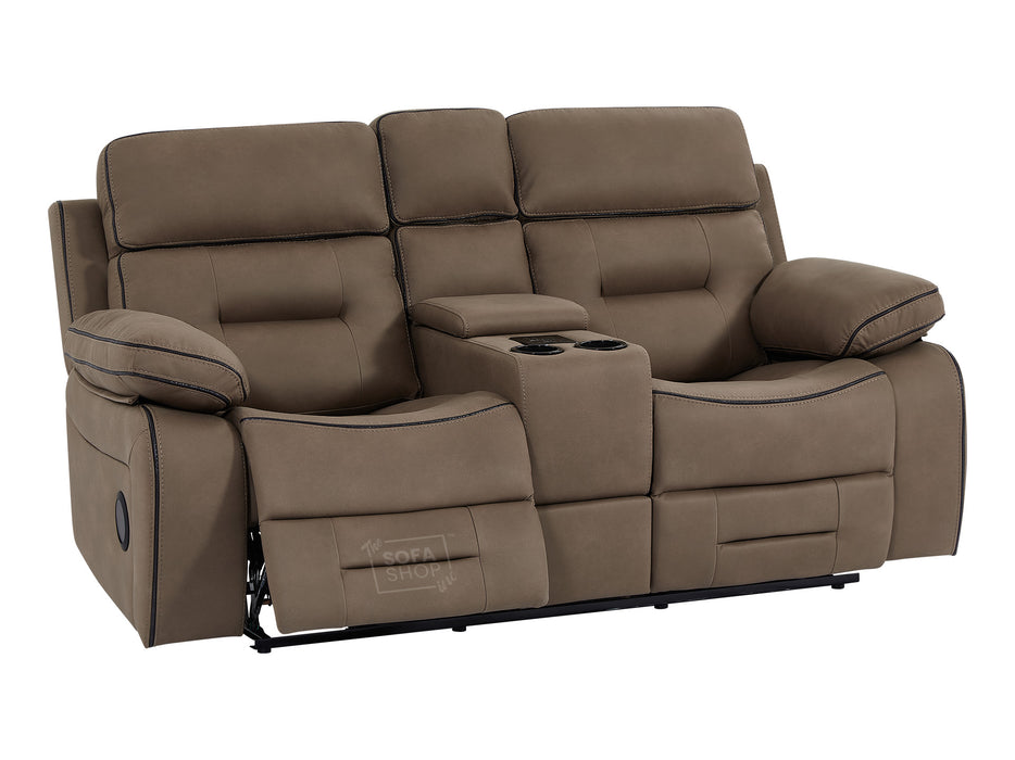 2 Seater Cinema Reclining Sofa in Brown Fabric with Console, Power Headrest, Power Recliner, Socket Set, USB & Wireless Charging | Sicily | Sofa Shop