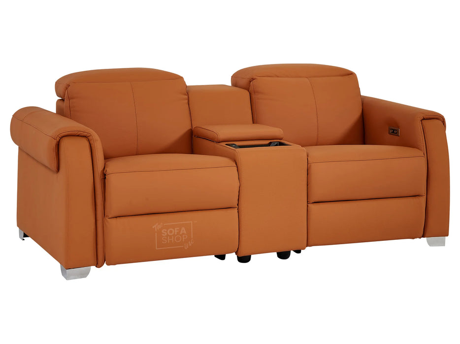 2 Seater Leather Recliner Sofa with USB Ports, Power Headrest, Console, Black Cup Holder & Wireless Charger | Orange Real Leather | Turin | Sofa Shop