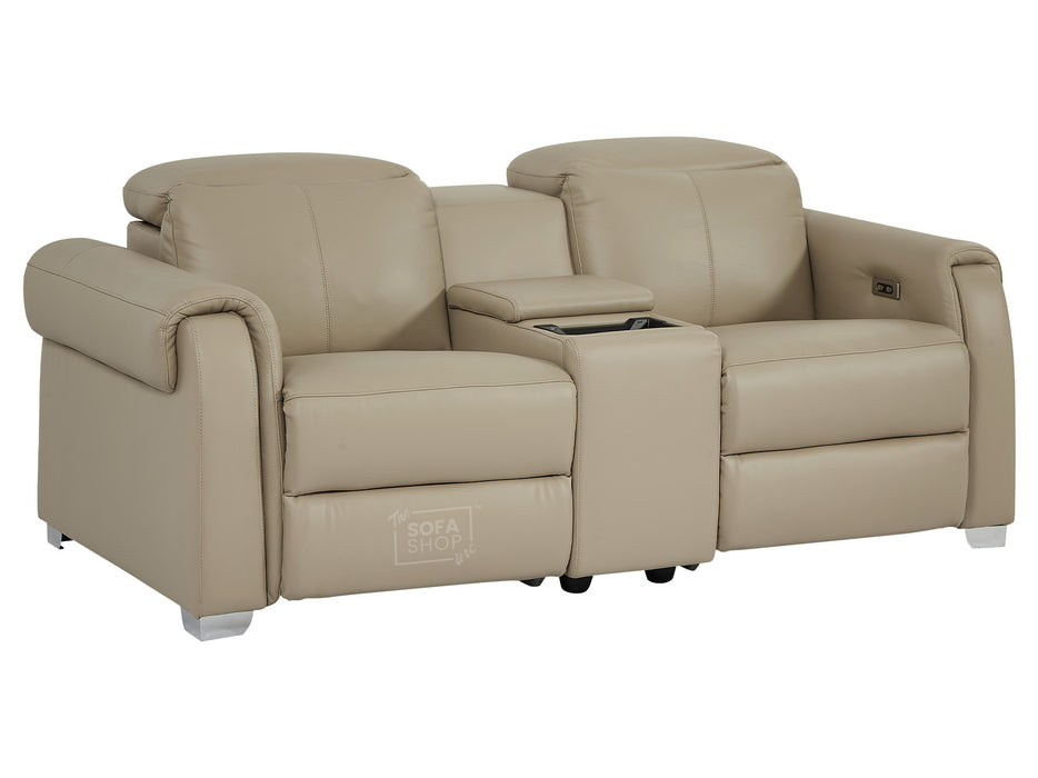 2 Seat Electric Recliner Home Cinema Theatre Sofa | Real Leather Couch in Beige + Black Cupholders + Console with Storage + USB | Turin | The Sofa Shop