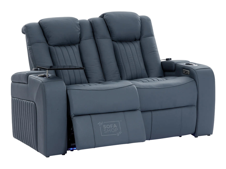 Electric Recliner Cinema Sofa Set 3 2 1 in Blue Real Leather with Cup Holders, Storage Boxes, and USB Ports - Capri