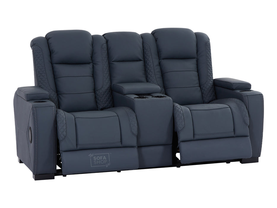 3+2 Seater Real Leather Sofa Package with Drop-Down Table, Cup Holders, LED Reading Light, Power Recliner, USB Ports, Bluetooth Speaker, Socket Set & Storage | Blue Leather | Napoli | The Sofa Shop