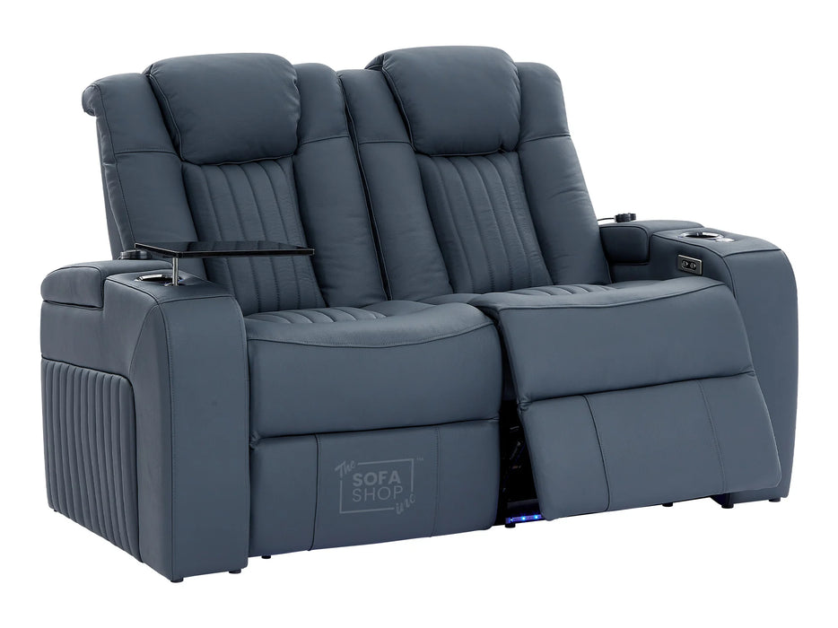 2+1 Electric Recliner Cinema Sofa Set in Blue Real Leather with USB Ports, Cup Holders, Storage Boxes & Wireless Charger  - Capri