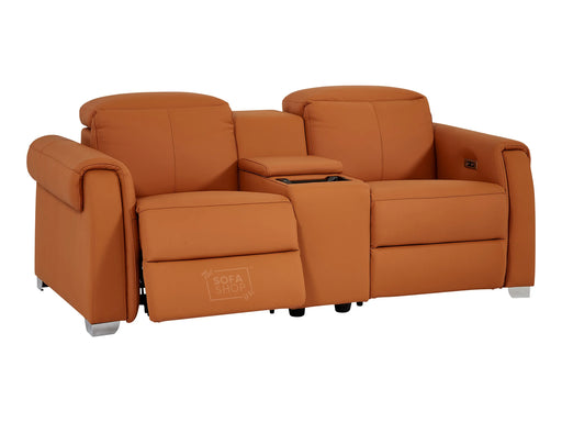 2 Seater Leather Recliner Sofa with USB Ports, Power Headrest, Console, Black Cup Holder & Wireless Charger | Orange Real Leather | Turin | Sofa Shop