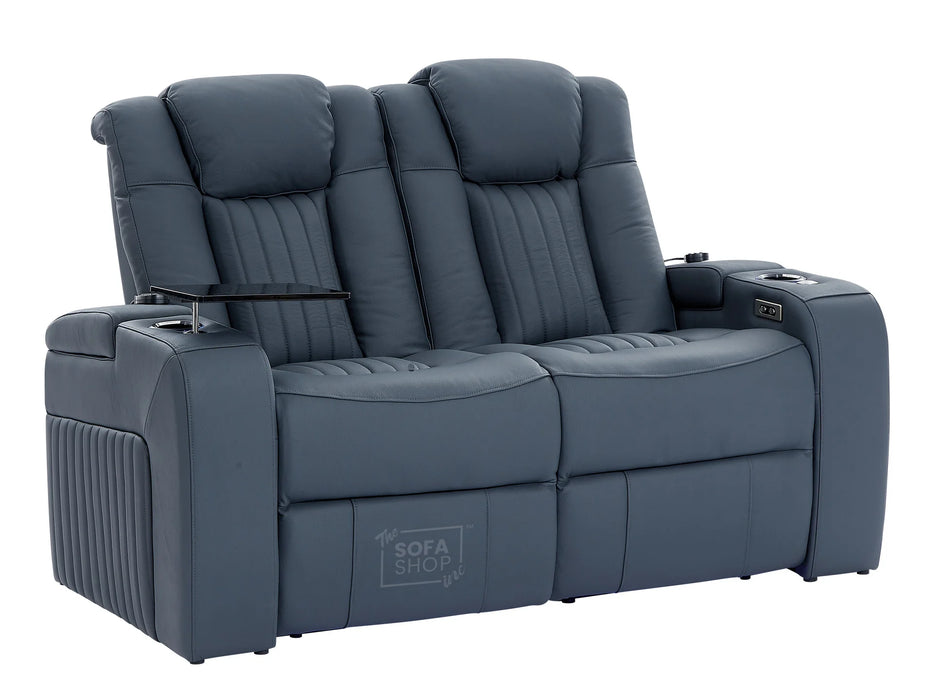 3 2 Electric Recliner Sofa Set with USB Ports, Drink Holders & Storage Boxes - Blue Real Leather 2 Piece Cinema Sofa - Capri