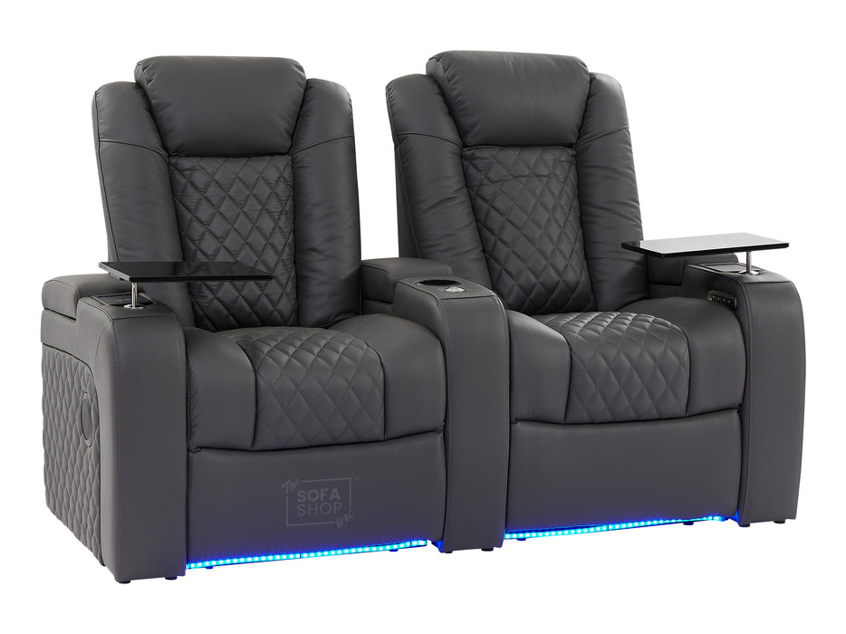 2 Seat Electric Recliner Home Cinema Theatre Sofa | Real Leather Couch in Grey + Chilled Cupholders + Console + Power + Usb + Table |  Milano | The Sofa Shop