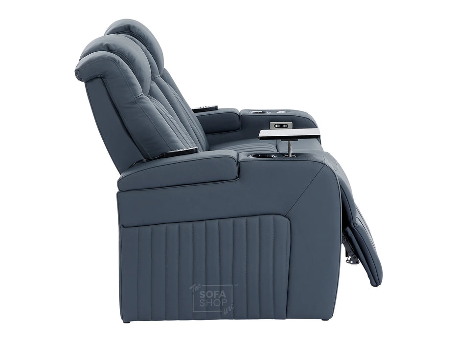 Electric Recliner Cinema Sofa Set 3 2 1 in Blue Real Leather with Cup Holders, Storage Boxes, and USB Ports - Capri