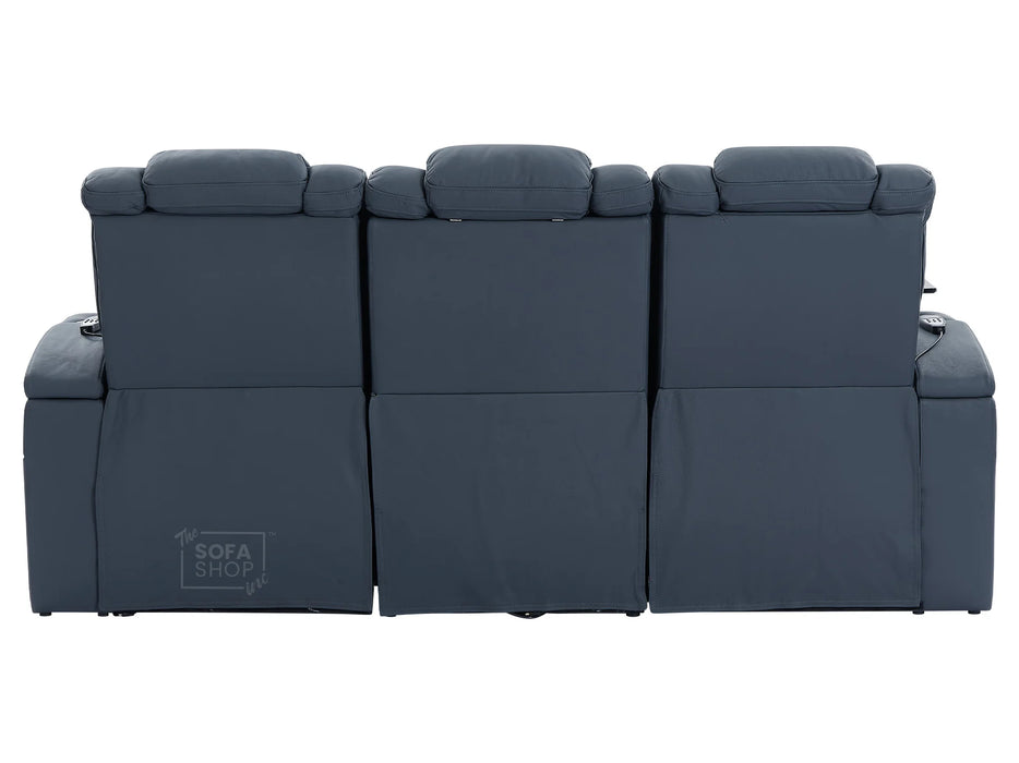 Electric Recliner Cinema Sofa 3 Seater in Blue Real Leather with USB Ports, Cup Holders, and Wireless Charger - Capri