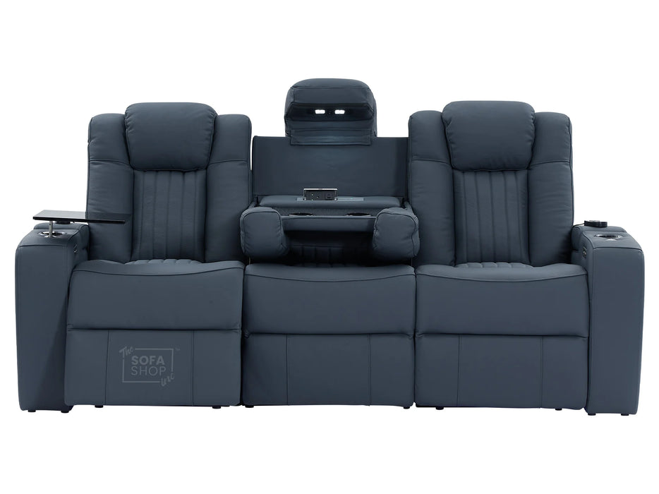 Electric Recliner Cinema Sofa 3 Seater in Blue Real Leather with USB Ports, Cup Holders, and Wireless Charger - Capri