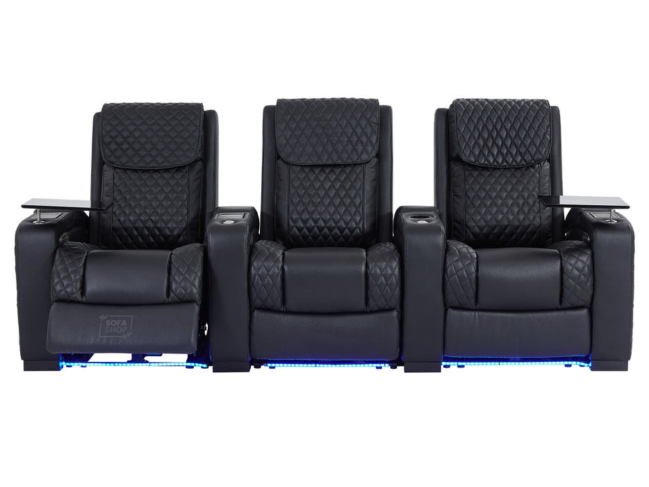 3 Seat Electric Recliner Home Cinema Theatre Sofa | Real Leather Couch In Black + Cupholders + LED + Table + Lumbar Support + Bluetooth Speaker | Torino | The Sofa Shop