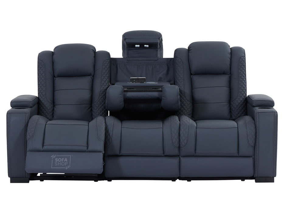 3+2 Seater Real Leather Sofa Package with Drop-Down Table, Cup Holders, LED Reading Light, Power Recliner, USB Ports, Bluetooth Speaker, Socket Set & Storage | Blue Leather | Napoli | The Sofa Shop