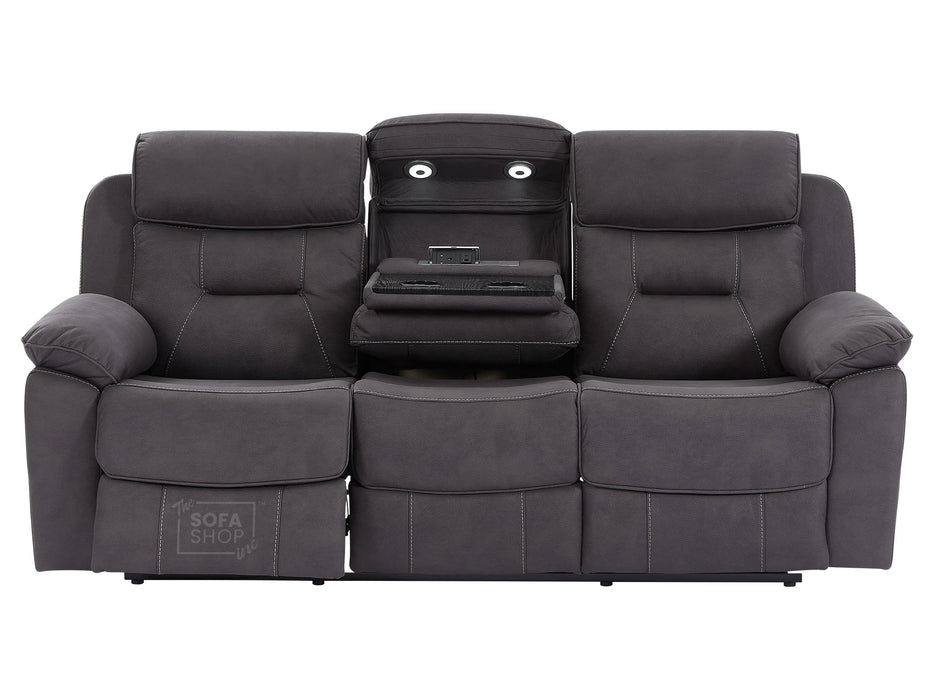 3 Seat Electric Recliner Home Cinema Theatre Sofa | Fabric Couch In Black + Cupholders + Table + Power Headrests + Speakers | Florence | The Sofa Shop