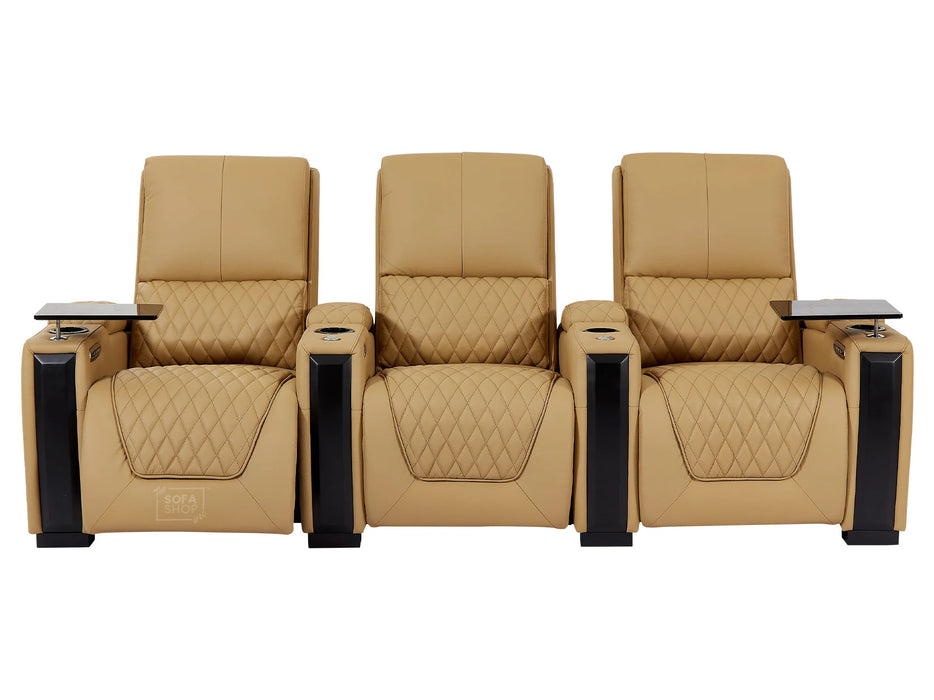 3+1 Electric Reclining Home Cinema Sofa Set | Tan Real Leather Couch Suite with USB Charging Ports, LED & Table | Assisi | The Sofa Shop