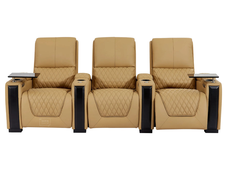 3+1 Electric Reclining Home Cinema Sofa Set | Tan Real Leather Couch Suite with USB Charging Ports, LED & Table | Assisi | The Sofa Shop