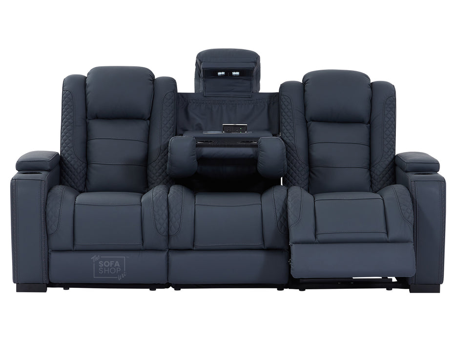 3+2 Seater Real Leather Sofa Package with Drop-Down Table, Cup Holders, LED Reading Light, Power Recliner, USB Ports, Bluetooth Speaker, Socket Set & Storage | Blue Leather | Napoli | The Sofa Shop