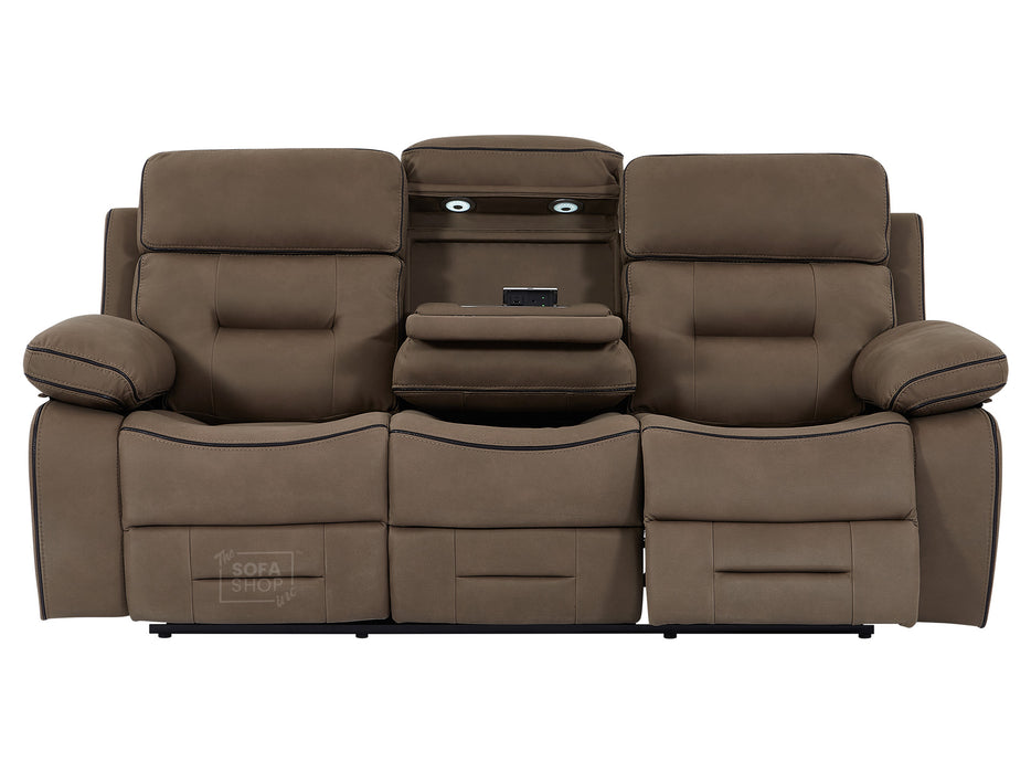 3+2 Seater Fabric Sofas with Drop-Down Table, Cup Holder, LED Reading Light, Power Headrest, Power Recliner, Bluetooth Speaker, Socket Set, Storage Drawer & Wireless Charger | Brown Fabric | Sicily | The Sofa Shop