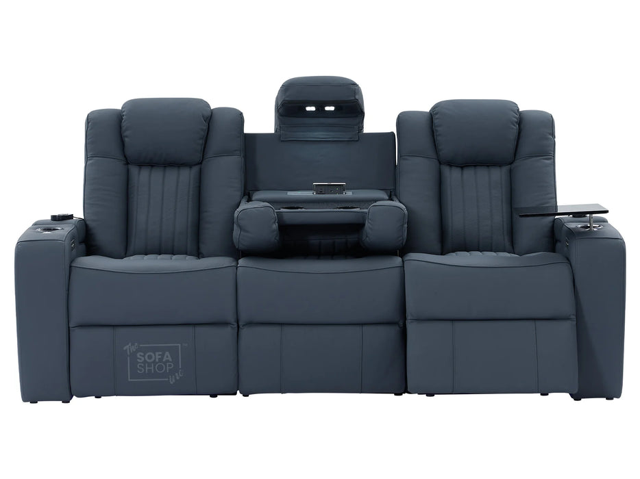 3 2 Electric Recliner Sofa Set with USB Ports, Drink Holders & Storage Boxes - Blue Real Leather 2 Piece Cinema Sofa - Capri