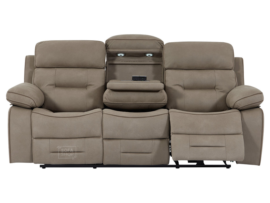 Reclining 3 Seater Sofa | Hi-Tech Home Cinema Couch In Beige Fabric with Bluetooth, LED, USB Ports & Power Reclining | Sicily | The Sofa Shop