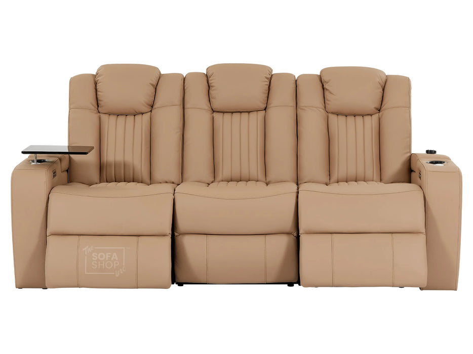 3+2 Leather Recliner Sofa with USB Charging, Cup Holders, Storage, LED Lights & Massage | Beige Leather | Capri | The Sofa Shop