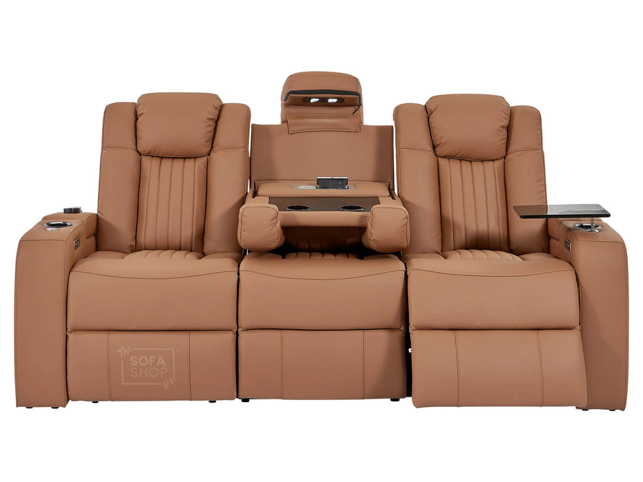 3 Seater Power Recliner Sofa with USB Charging, Cup Holders, Storage, LED Lights & Massage | Tan Leather Aire | Capri | The Sofa Shop