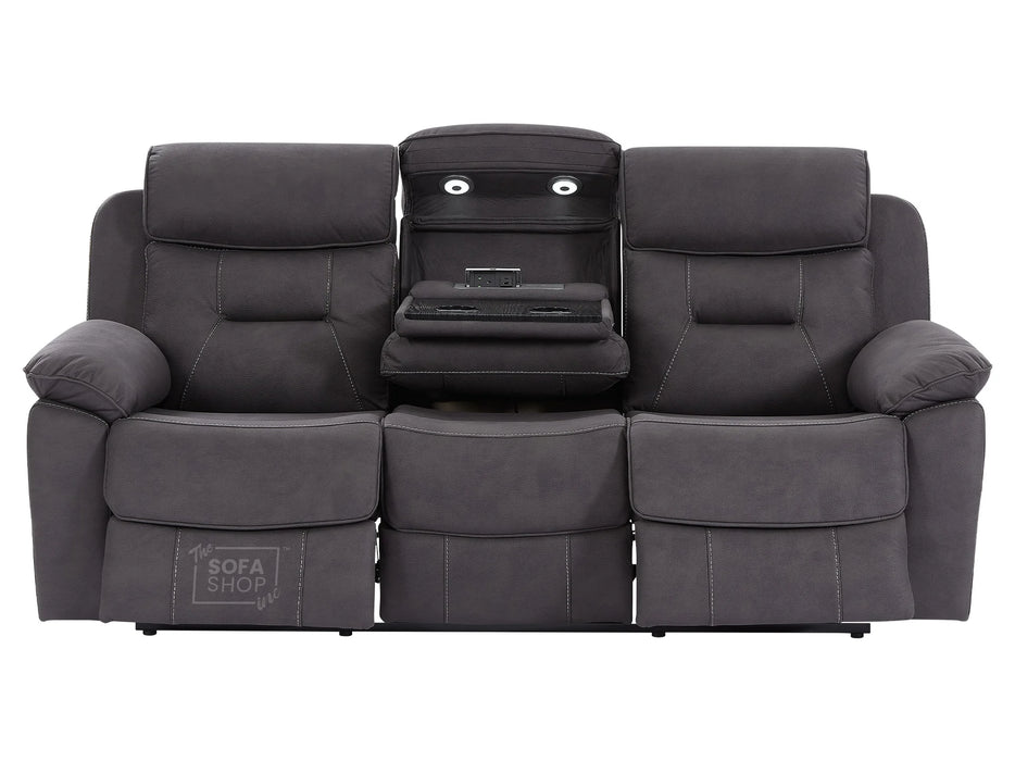 3 Seat Electric Recliner Home Cinema Theatre Sofa | Fabric Couch In Black + Cupholders + Table + Power Headrests + Speakers | Florence | The Sofa Shop