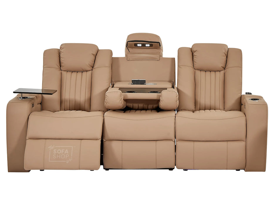 3 Seater Power Recliner Sofa with USB Charging, Cup Holders, Storage, LED Lights & Massage | Camel Leather Aire | Capri | The Sofa Shop