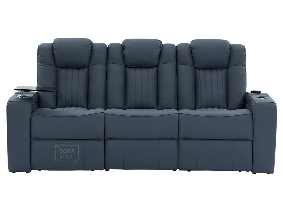 Electric Recliner Cinema Sofa Set 3 2 1 in Blue Real Leather with Cup Holders, Storage Boxes, and USB Ports - Capri