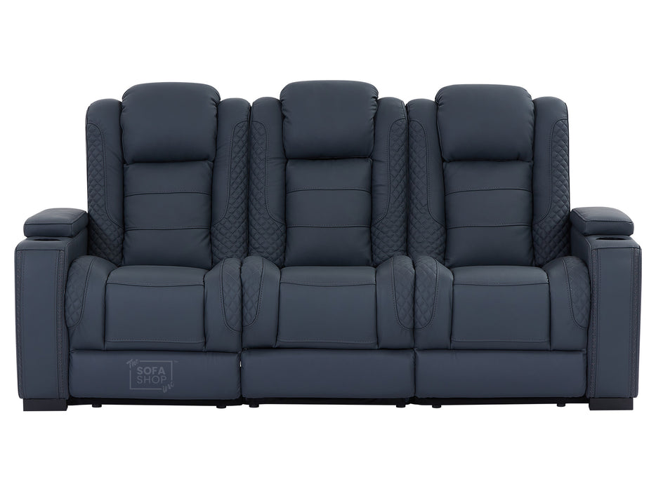 3 Seater Real Leather Sofa with Drop-Down Table, Cup Holders, LED Reading Light, Power Recliner, USB Ports, Bluetooth Speaker, Socket Set & Storage Box | Blue Leather | Napoli | The Sofa Shop