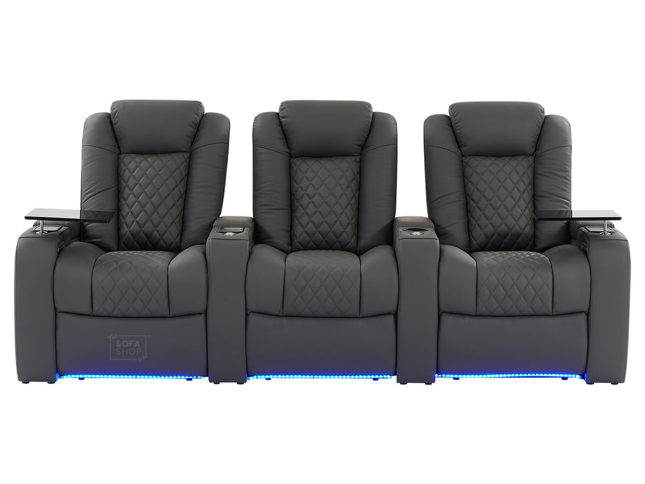 3 Seat Electric Recliner Home Cinema Theatre Sofa |  Real Leather Couch In Grey +  Chilled Cupholders + Console + Table + Power + USB + Power Lumbar |  Milano |  The Sofa Shop