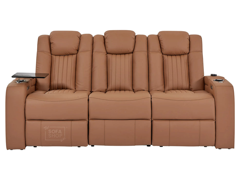 3 Seater Power Recliner Sofa with USB Charging, Cup Holders, Storage, LED Lights & Massage | Tan Leather Aire | Capri | The Sofa Shop